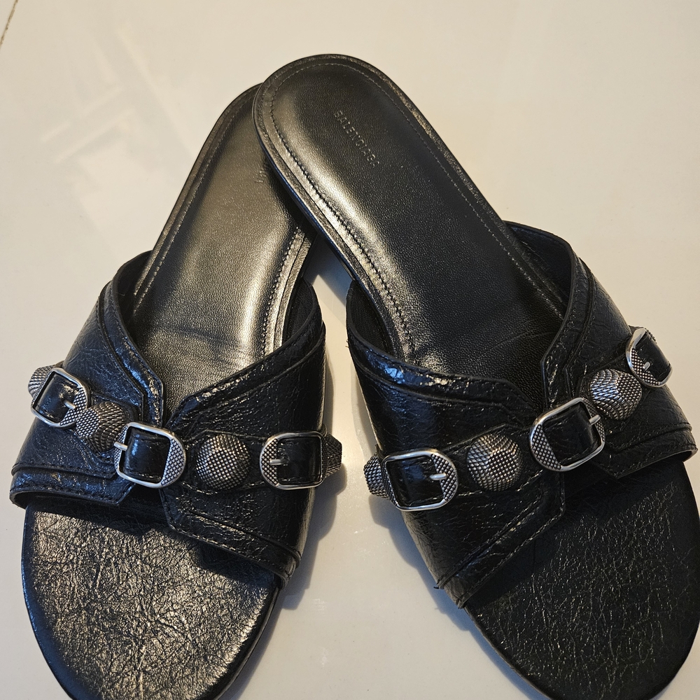 Balenciaga Cagole Black Leather Sandals, Size 10 US, 40 EURO